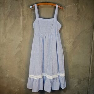 Babydoll Striped Overall Midi Dress Jumper Blue White Ruffles Nautical Prairie